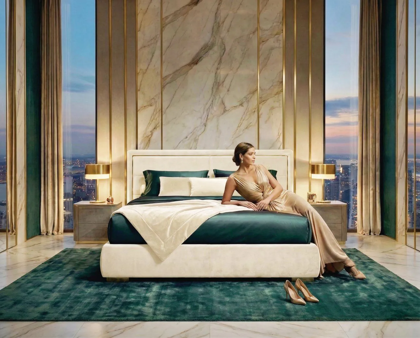 Bett Diva aus cremefarbenem Samt mit Goldprofil