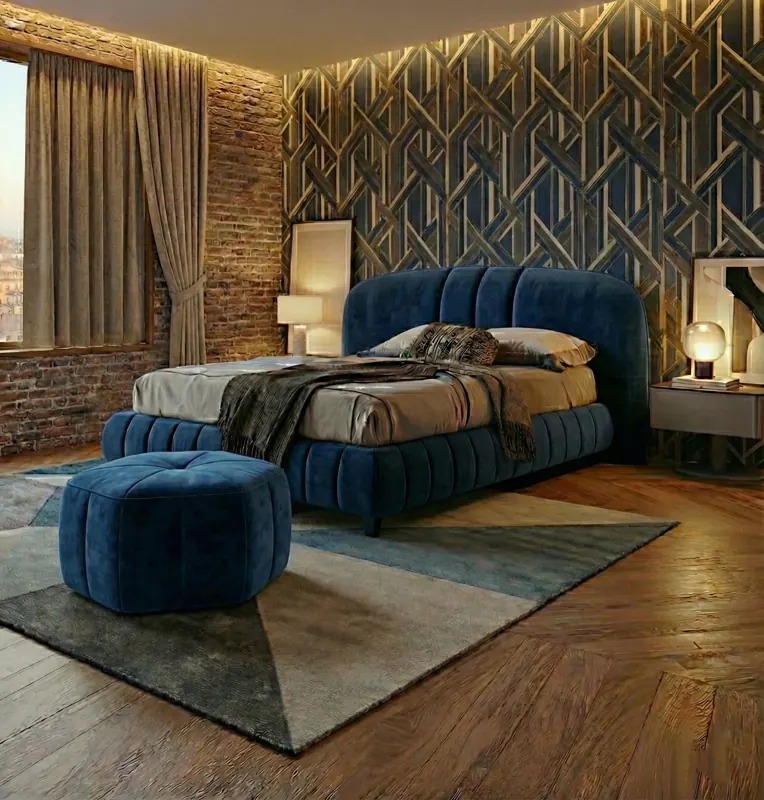 Bett aus blauem Samt mit gesteppter Basis