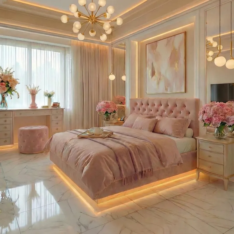 Capitonné-Bett aus rosa Samt mit hinterleuchteter Basis