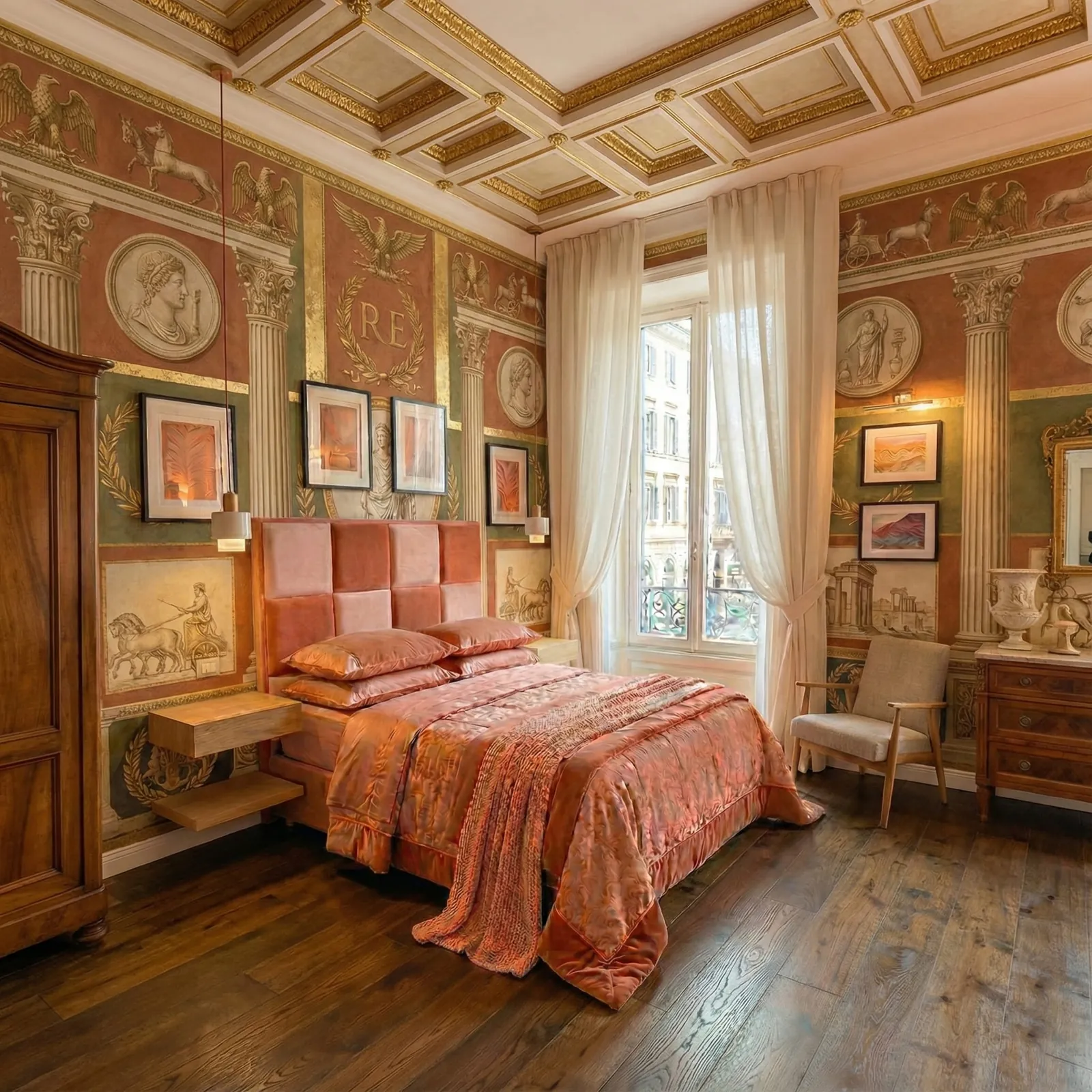 Cabecero de cuarterones coral en una sala con frescos